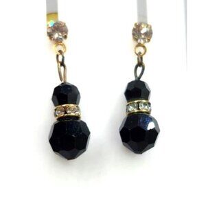 Art Deco Black Faceted Crystal Dangle Earrings With Rhinestone Accent